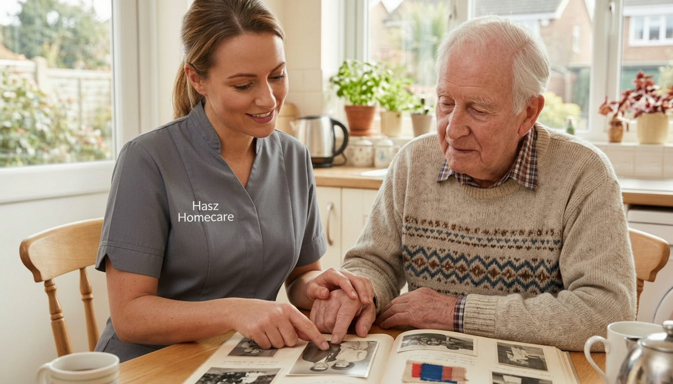 Hasz Homecare Services carer providing specialist dementia care to elderly man at home