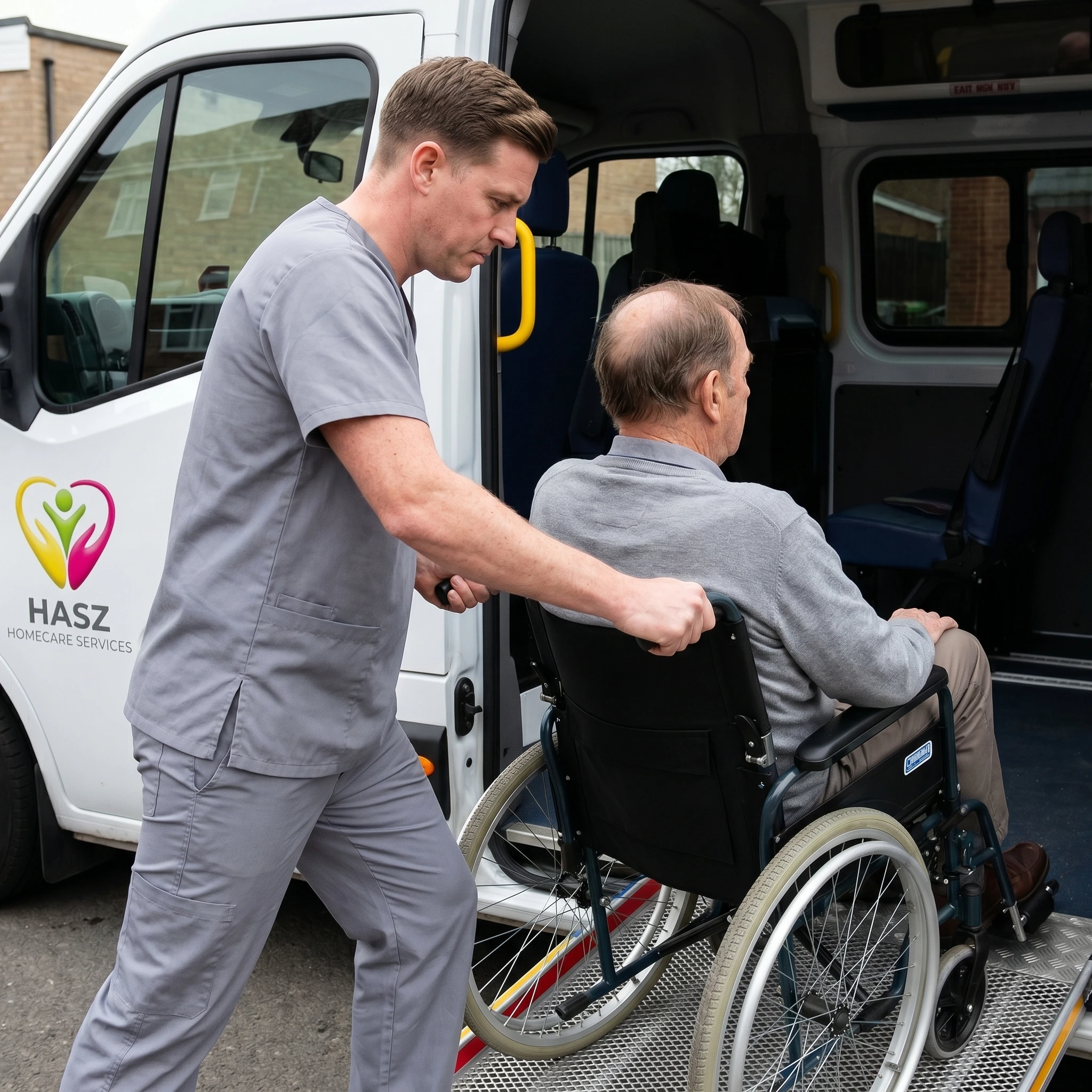 Hasz Homecare Services transport assistant helping wheelchair user into accessible vehicle during hospital discharge