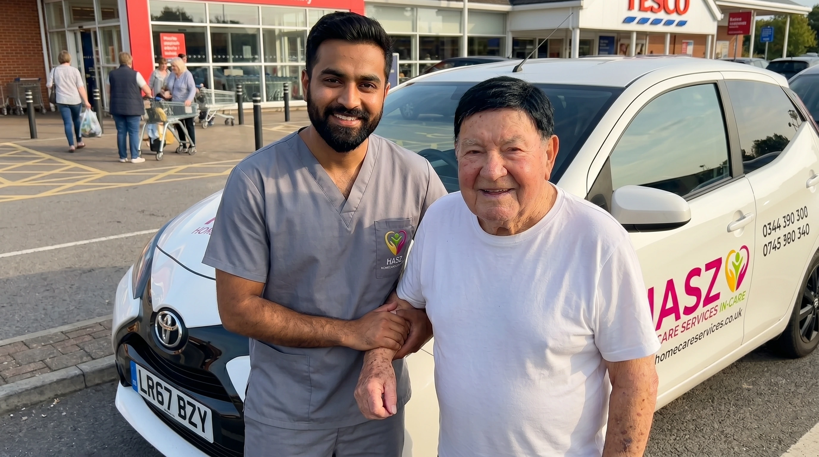 Hasz Homecare Services transport assistant helping elderly patient into accessible vehicle outside Crawley hospital